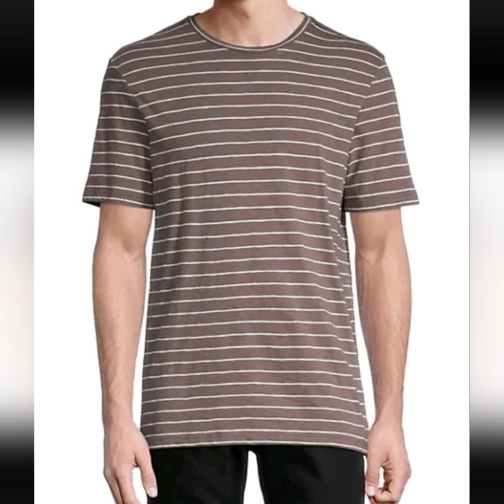 Theory Men Clean T-shirt in taupe/brown and white  stripes Slub Cotton Size Med